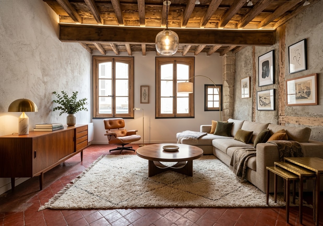 Beamed Provençal living room with terracotta tile floors